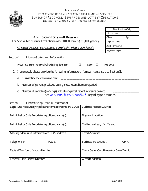 Application for Brewery for Annual Malt Liquor Production Under 30,000 Barrels (930,000 Gallons) - Maine