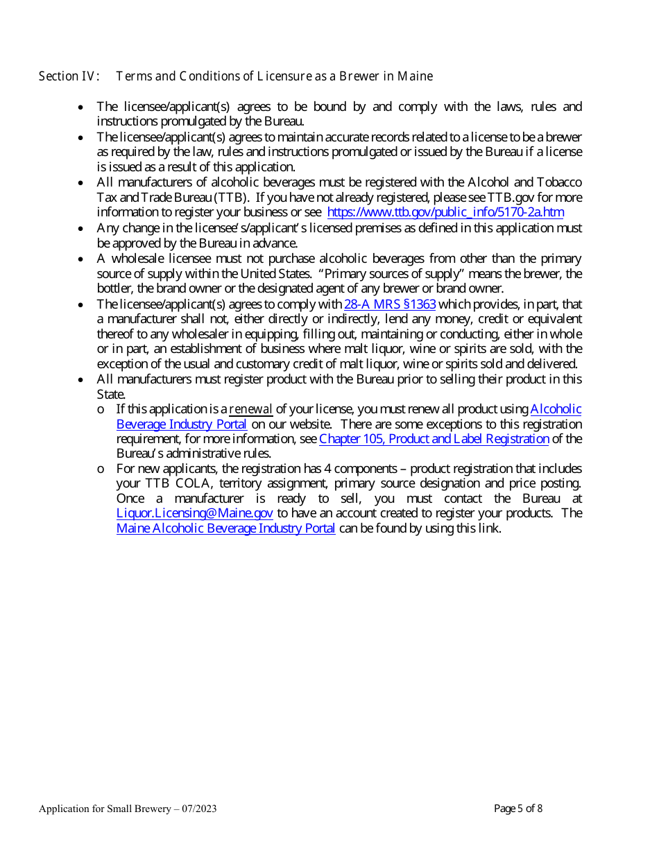Application for Brewery for Annual Malt Liquor Production Under 30,000 Barrels (930,000 Gallons) - Maine, Page 5