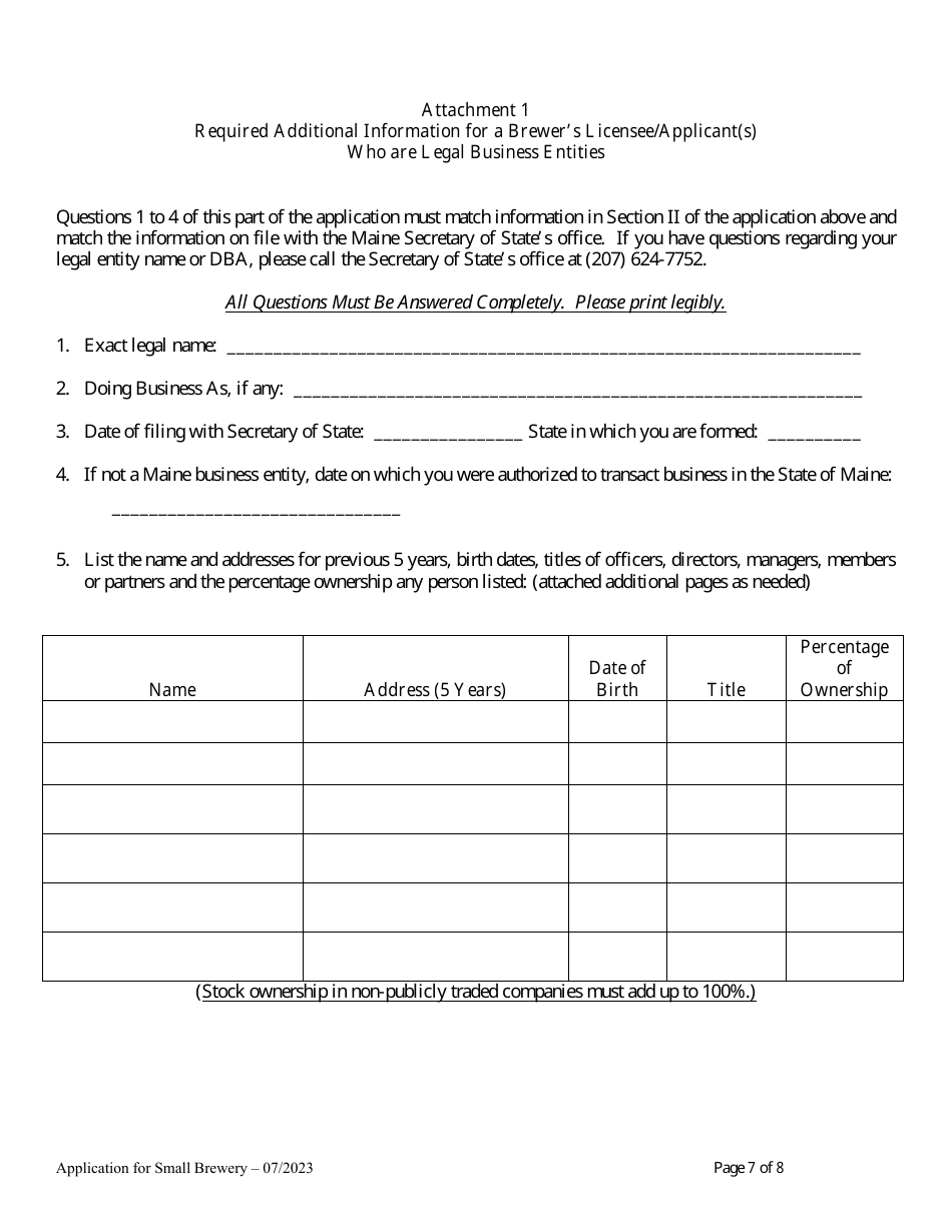 Application for Brewery for Annual Malt Liquor Production Under 30,000 Barrels (930,000 Gallons) - Maine, Page 7