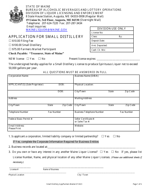 Application for Small Distillery - Maine Download Pdf