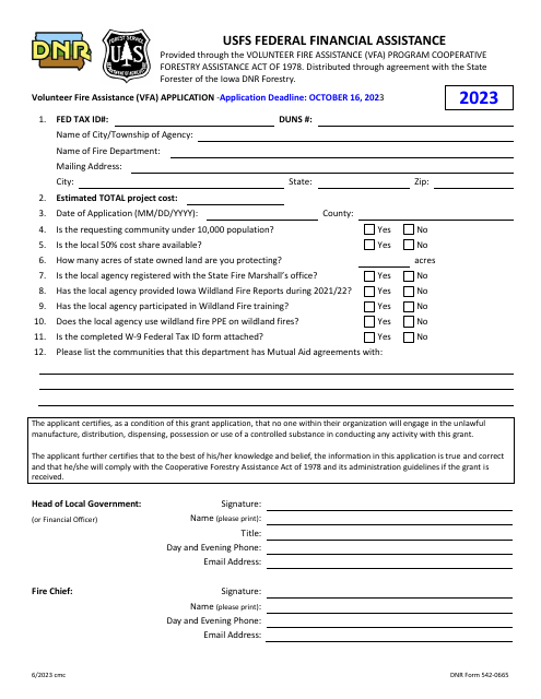 DNR Form 542-0665 Usfs Federal Financial Assistance - Iowa, 2023