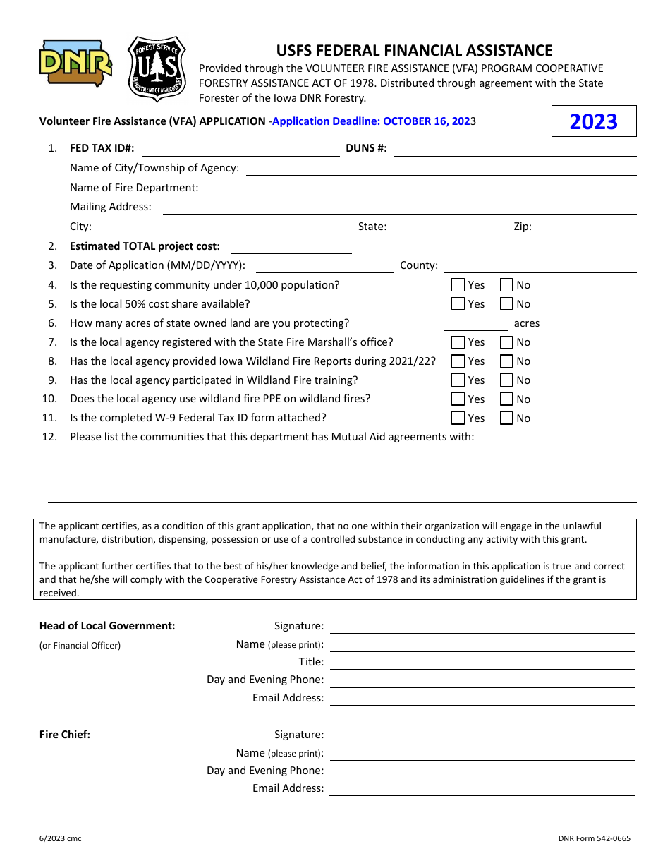DNR Form 542-0665 Usfs Federal Financial Assistance - Iowa, Page 1