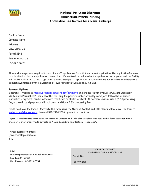 DNR Form 542-1253 Application Fee Invoice for a New Discharge - National Pollutant Discharge Elimination System (Npdes) - Iowa
