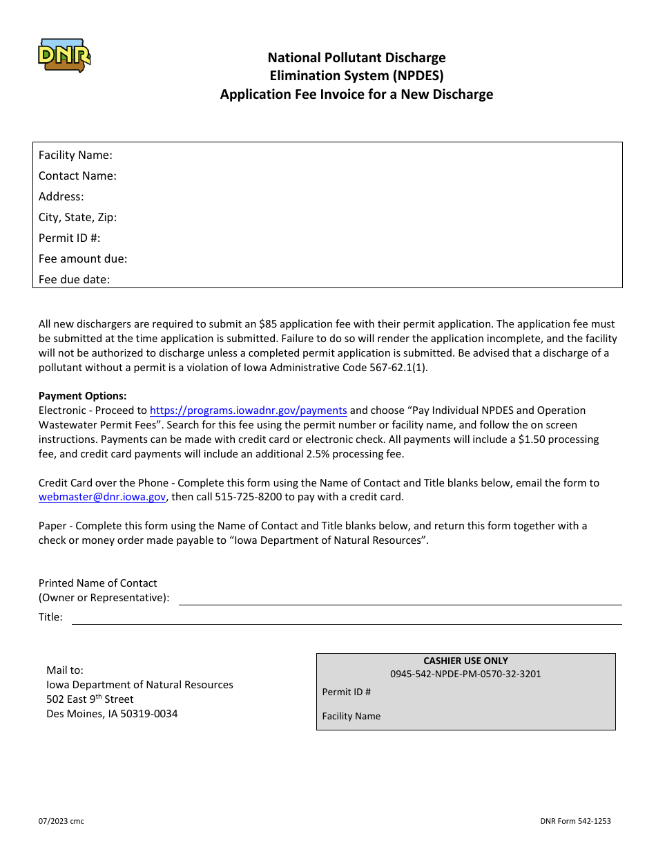 DNR Form 542-1253 Application Fee Invoice for a New Discharge - National Pollutant Discharge Elimination System (Npdes) - Iowa, Page 1