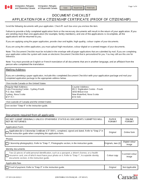 Form CIT0014 Document Checklist: Application for a Citizenship Certificate (Proof of Citizenship) - Canada
