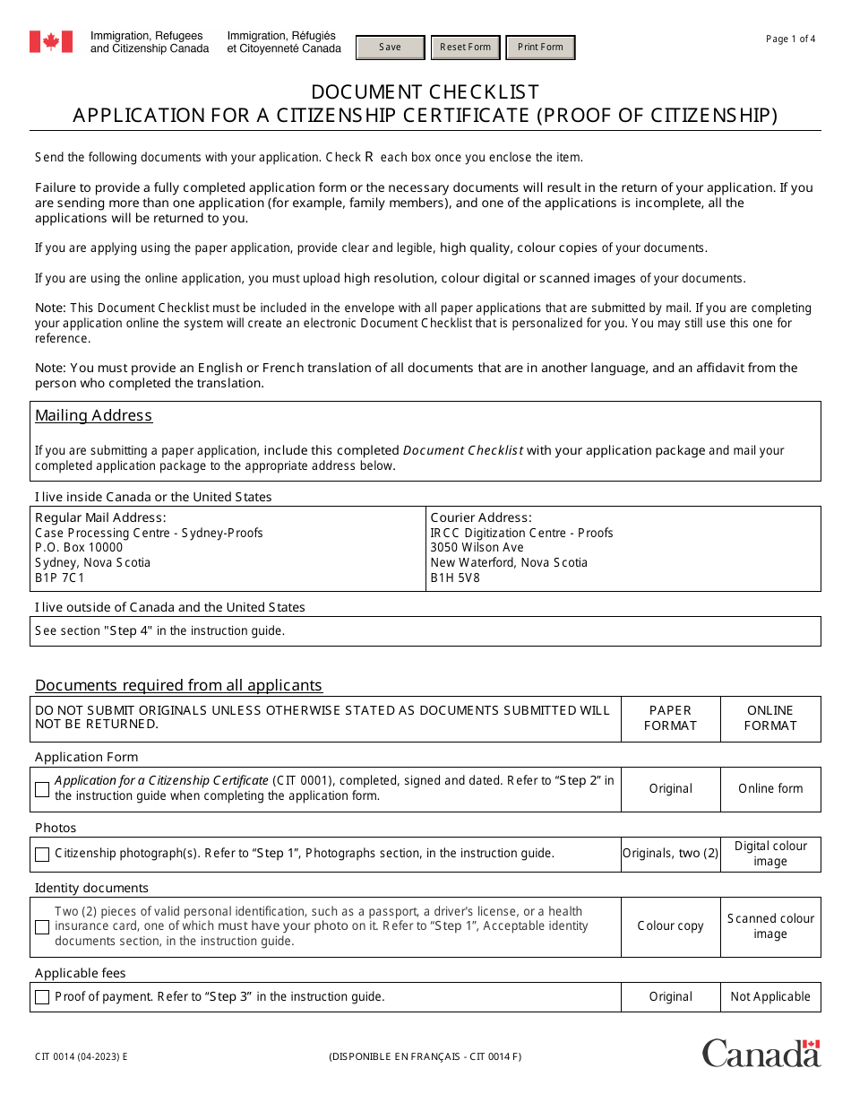 Form CIT0014 Document Checklist: Application for a Citizenship Certificate (Proof of Citizenship) - Canada, Page 1