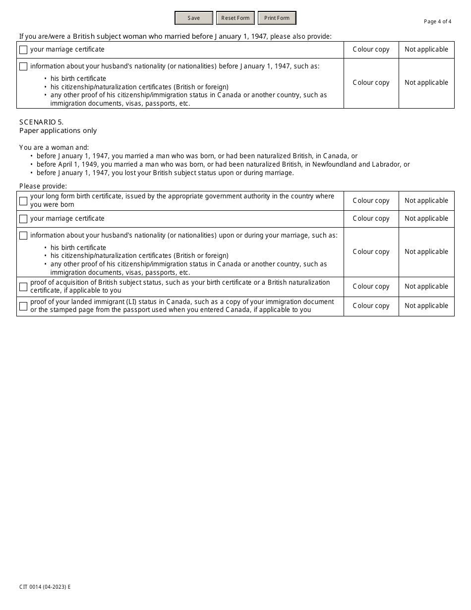 Form CIT0014 Document Checklist: Application for a Citizenship Certificate (Proof of Citizenship) - Canada, Page 4