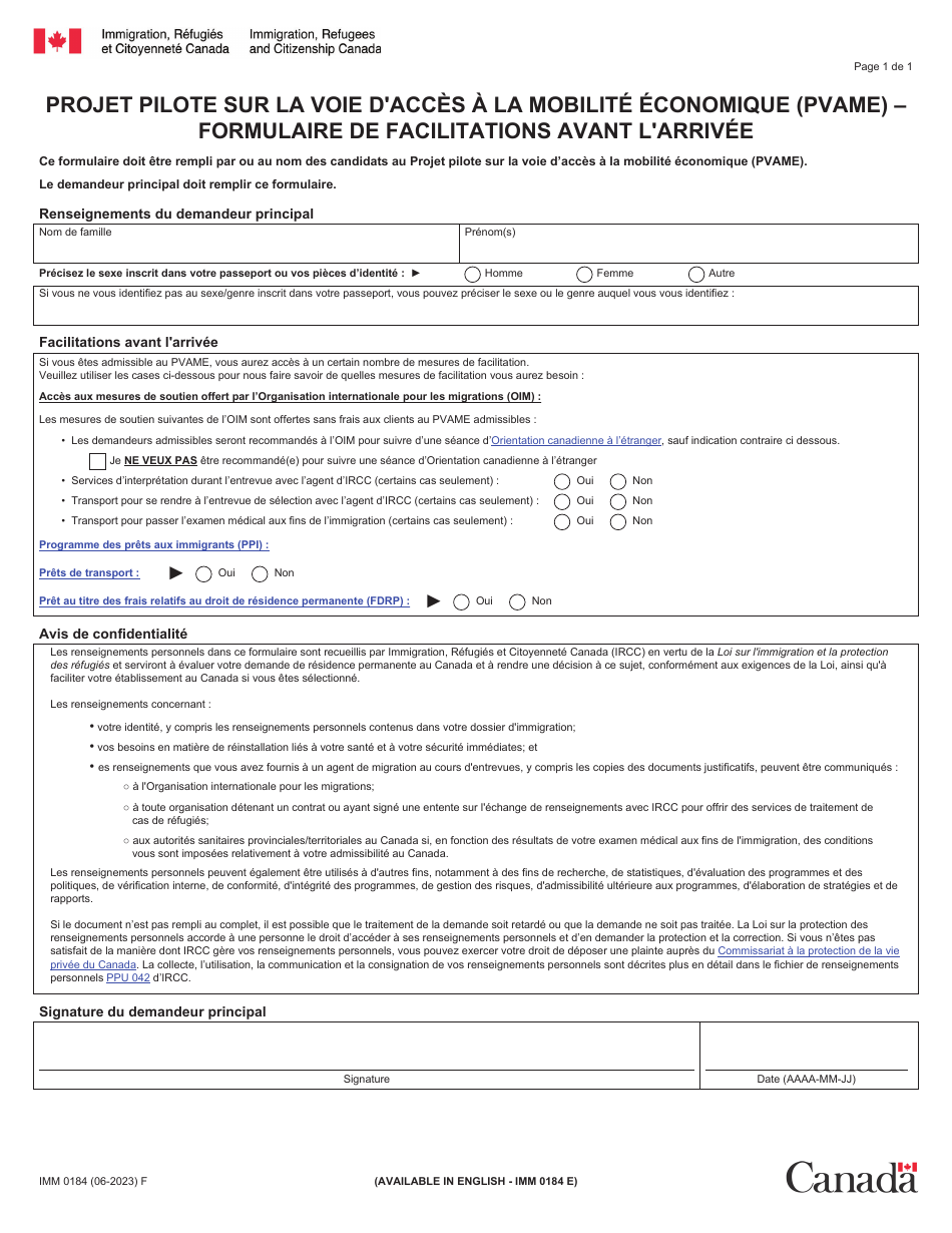 Forme IMM0184 Projet Pilote Sur La Voie Dacces a La Mobilite Economique (Pvame) - Formulaire De Facilitations Avant Larrivee - Canada (French), Page 1