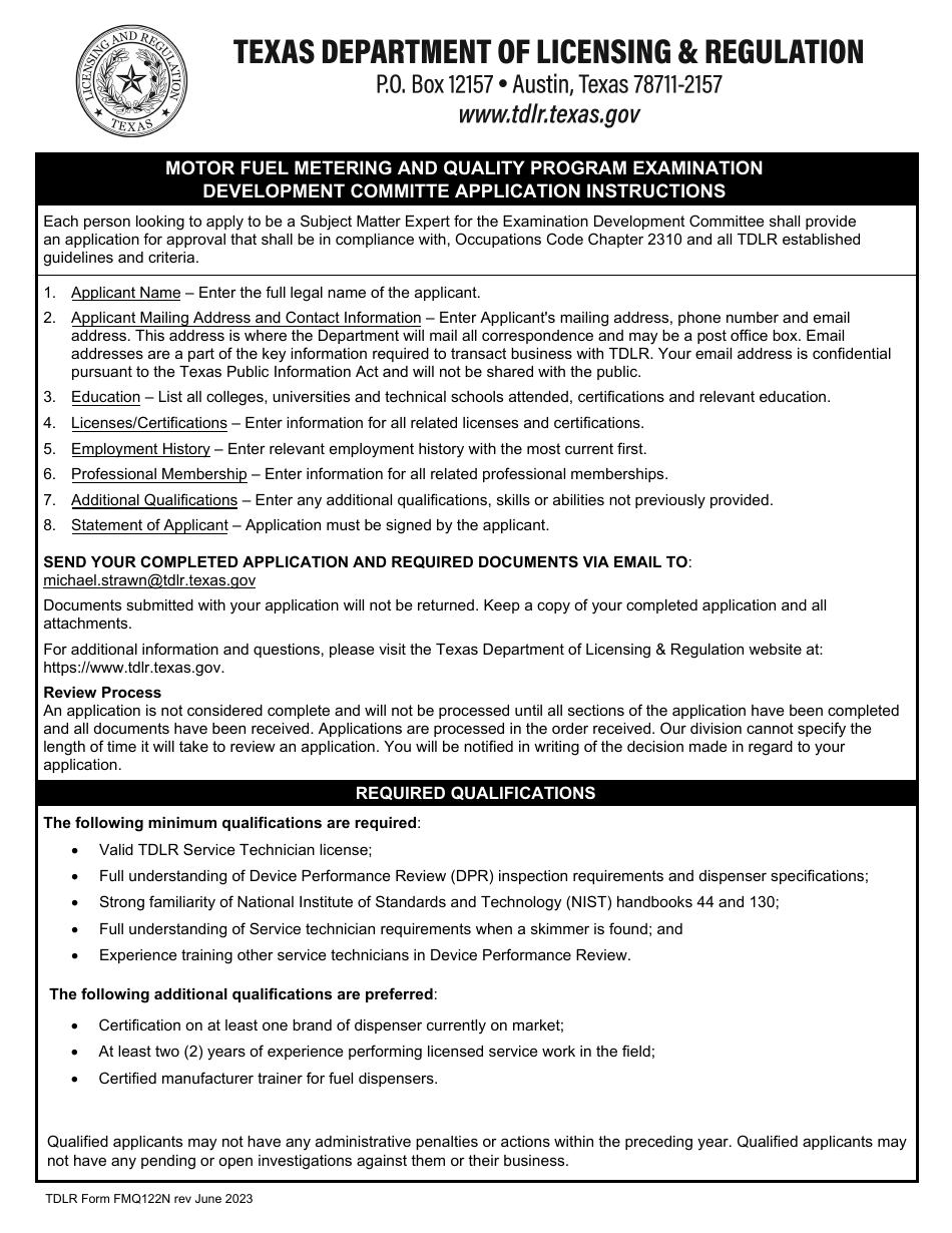 TDLR Form FMQ122N Motor Fuel Metering and Quality Program Workgroup Application - Texas, Page 1