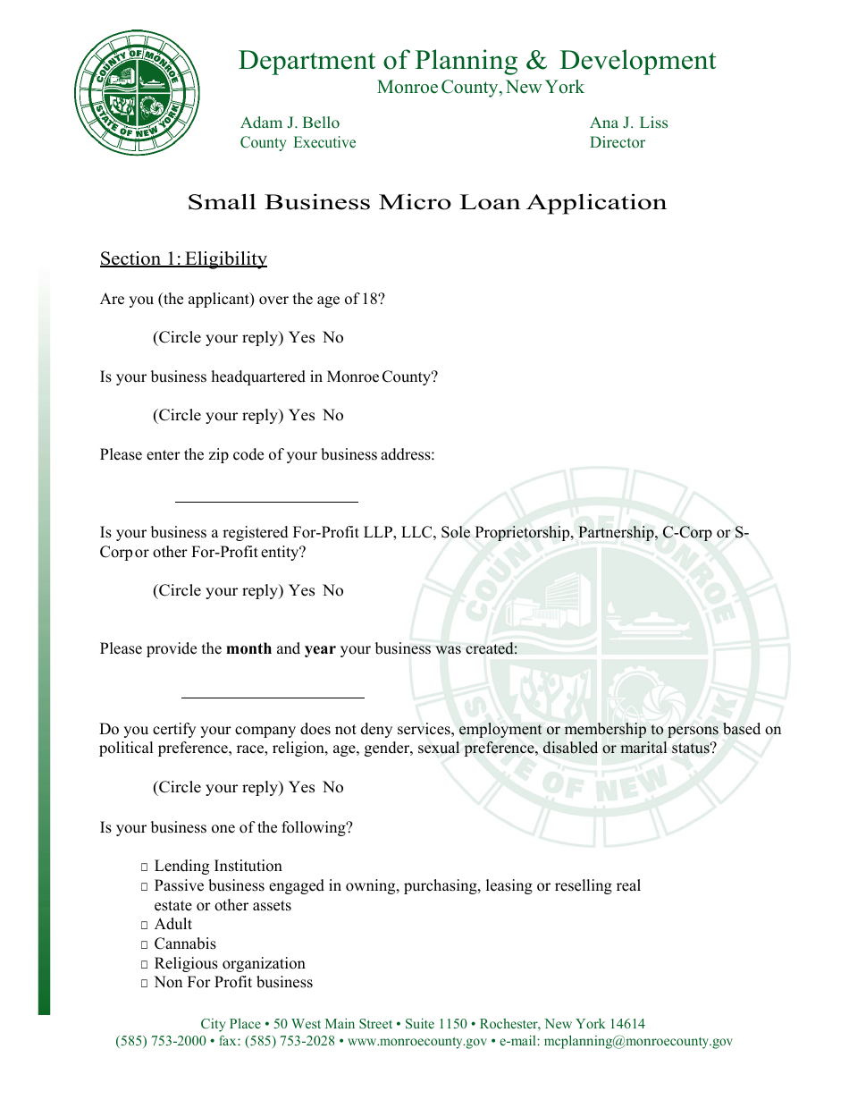 Small Business Micro Loan Application - Monroe County, New York, Page 1
