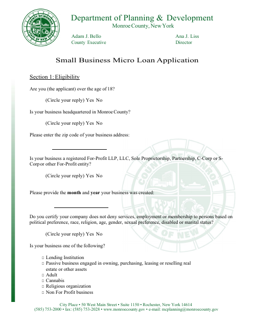 Small Business Micro Loan Application - Monroe County, New York
