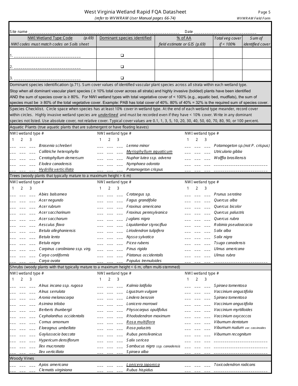 West Virginia Wetland Rapid Assessment Datasheet - West Virginia, Page 5