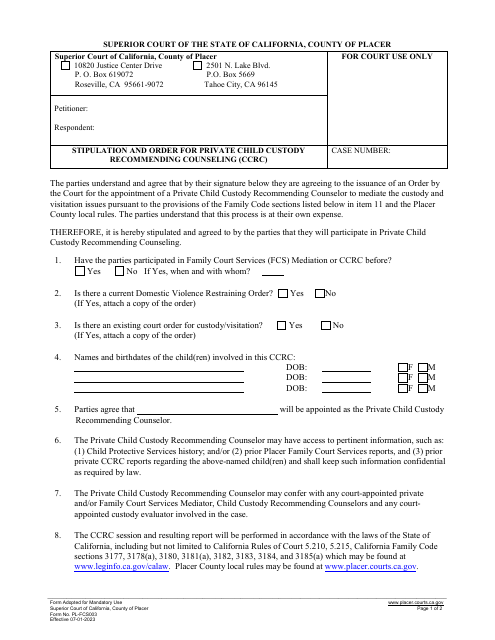 Form PL-FCS003 Stipulation and Order for Private Child Custody Recommending Counseling (Ccrc) - County of Placer, California