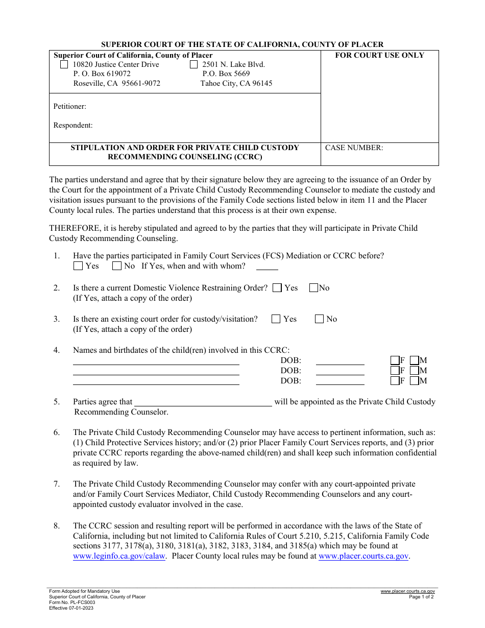 Form PL-FCS003 Stipulation and Order for Private Child Custody Recommending Counseling (Ccrc) - County of Placer, California, Page 1