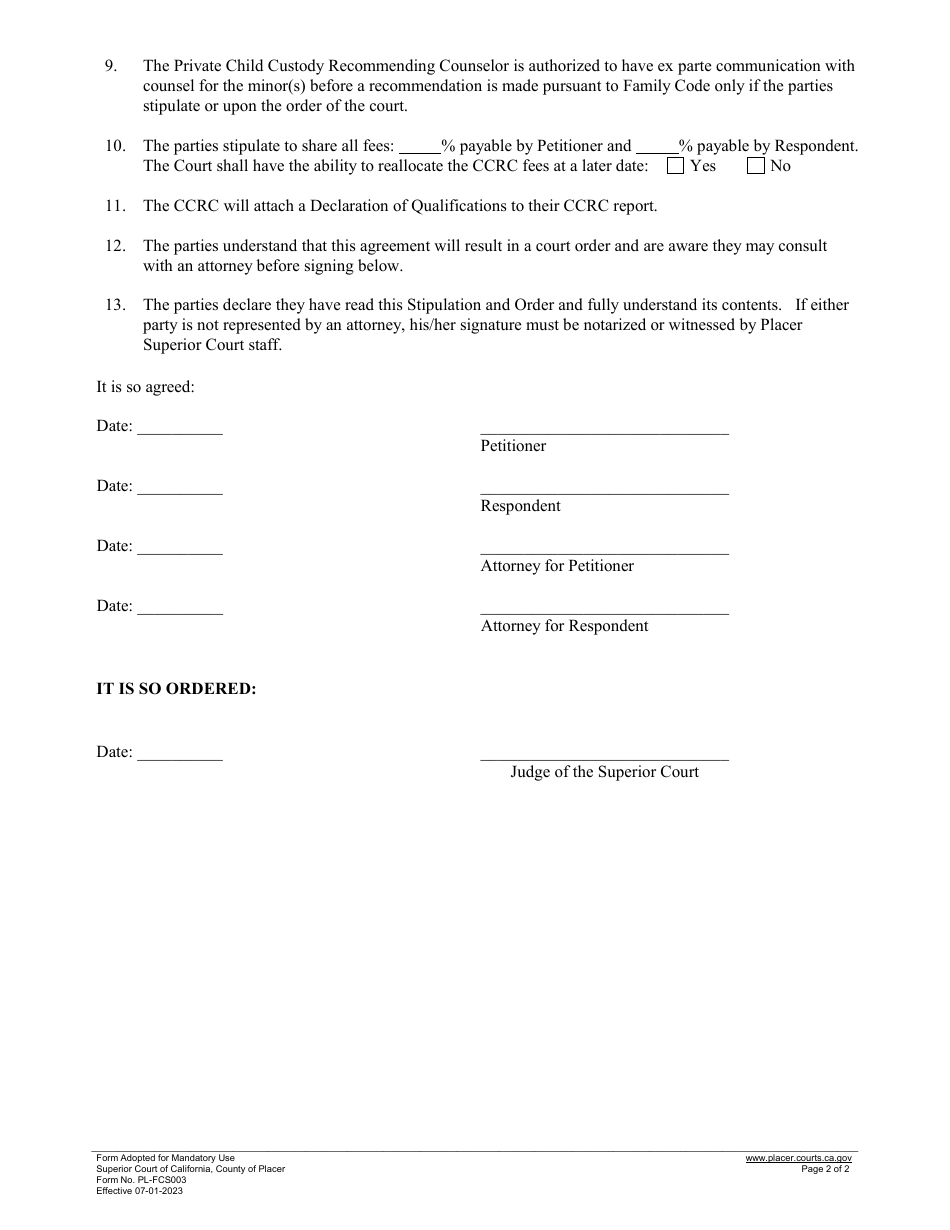 Form PL-FCS003 Stipulation and Order for Private Child Custody Recommending Counseling (Ccrc) - County of Placer, California, Page 2