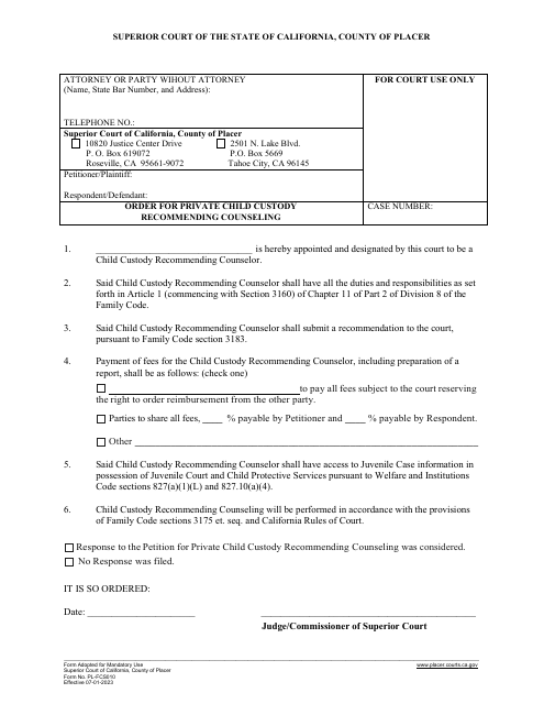 Form PL-FCS010 Order for Private Child Custody Recommending Counseling - County of Placer, California