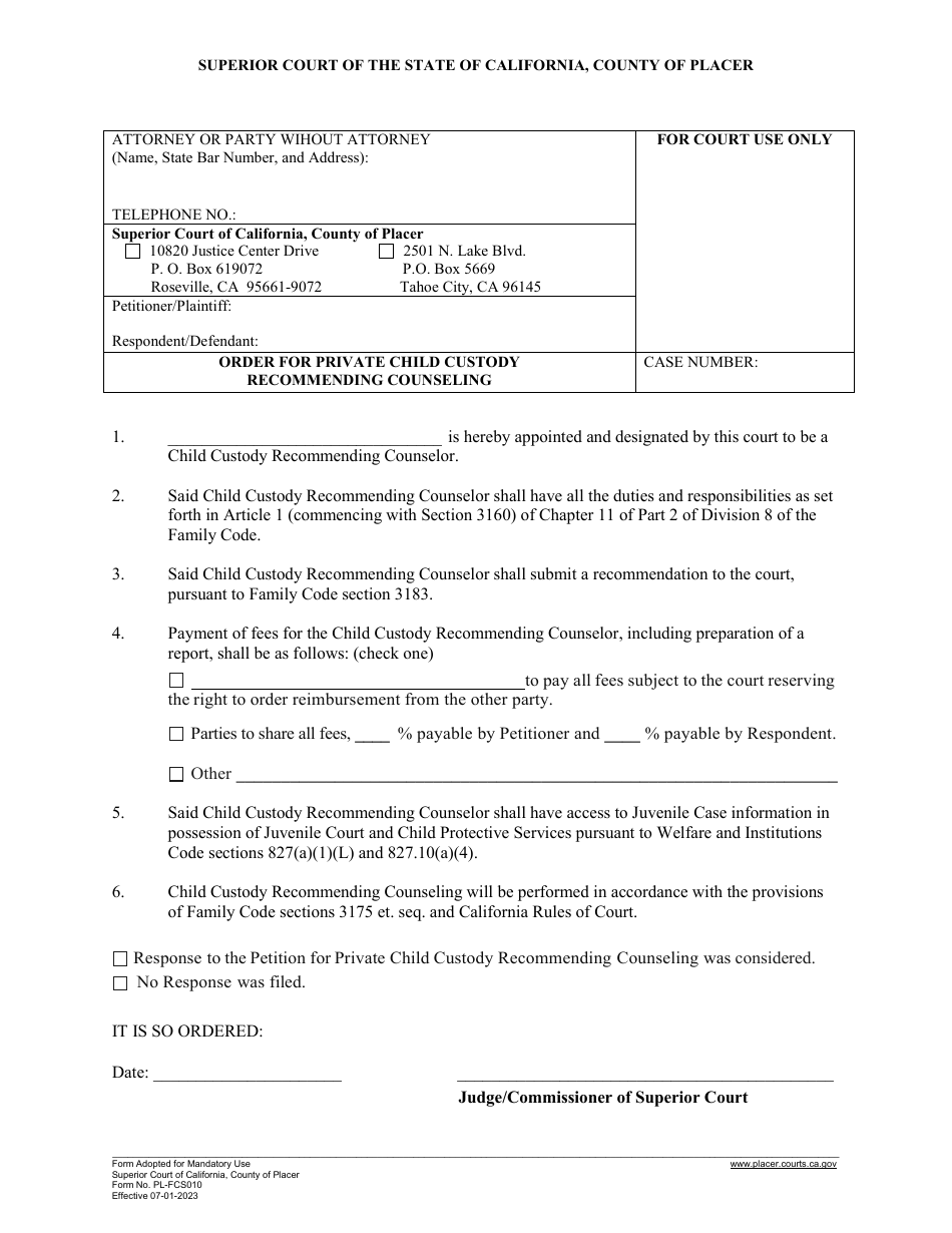 Form PL-FCS010 Order for Private Child Custody Recommending Counseling - County of Placer, California, Page 1