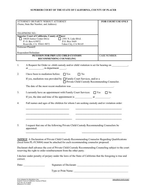 Form PL-FCS008 Petition for Private Child Custody Recommending Counseling - County of Placer, California