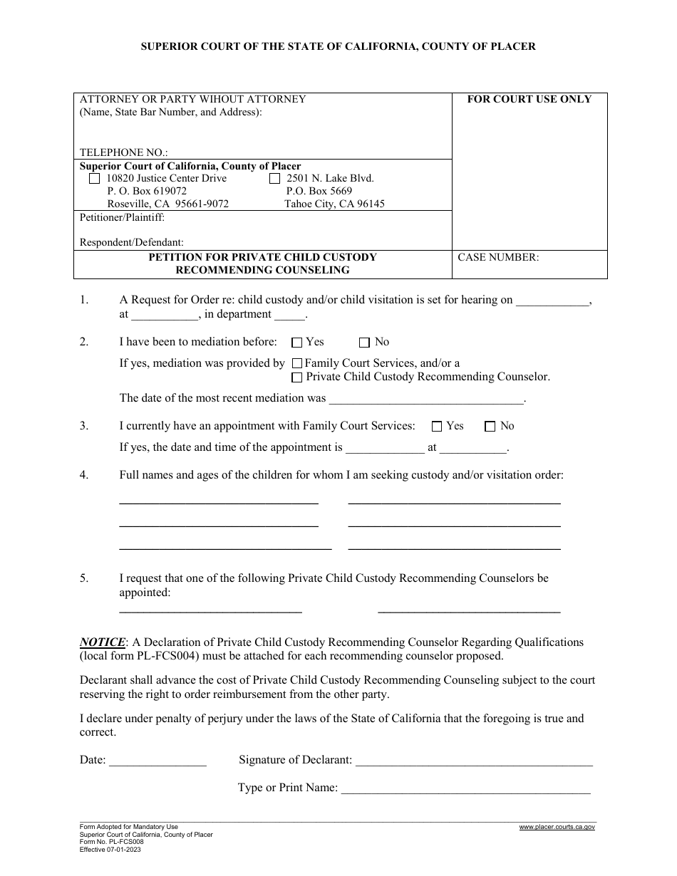 Form PL-FCS008 Petition for Private Child Custody Recommending Counseling - County of Placer, California, Page 1