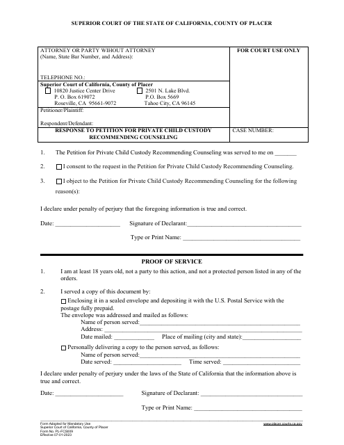Form PL-FCS009 Response to Petition for Private Child Custody Recommending Counseling - County of Placer, California
