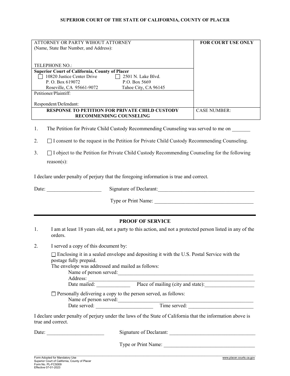 Form PL-FCS009 Response to Petition for Private Child Custody Recommending Counseling - County of Placer, California, Page 1