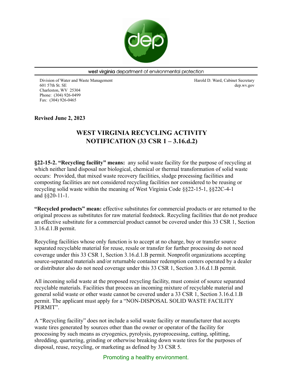 West Virginia Recycling Activity Notification - West Virginia, Page 1