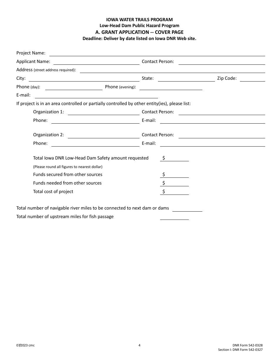 DNR Form 542-0328 (542-0327) Cost-Share Application - Low-Head Dam Public Hazard Program - Iowa, Page 4