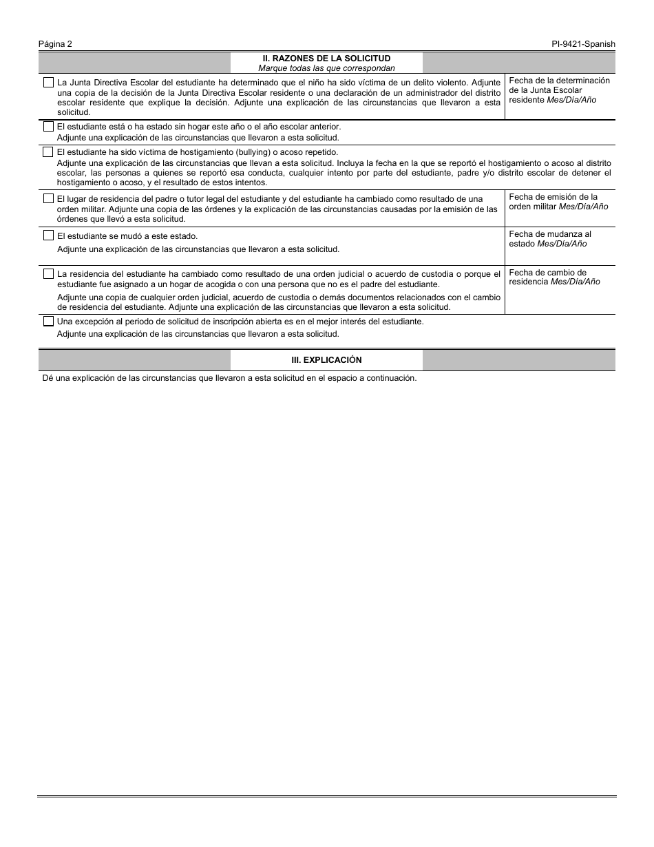 Formulario PI-9421 Inscripcion Abierta En Las Escuelas Publicas - Solicitud De Inscripcion Abierta Alternativa - Wisconsin (Spanish), Page 2