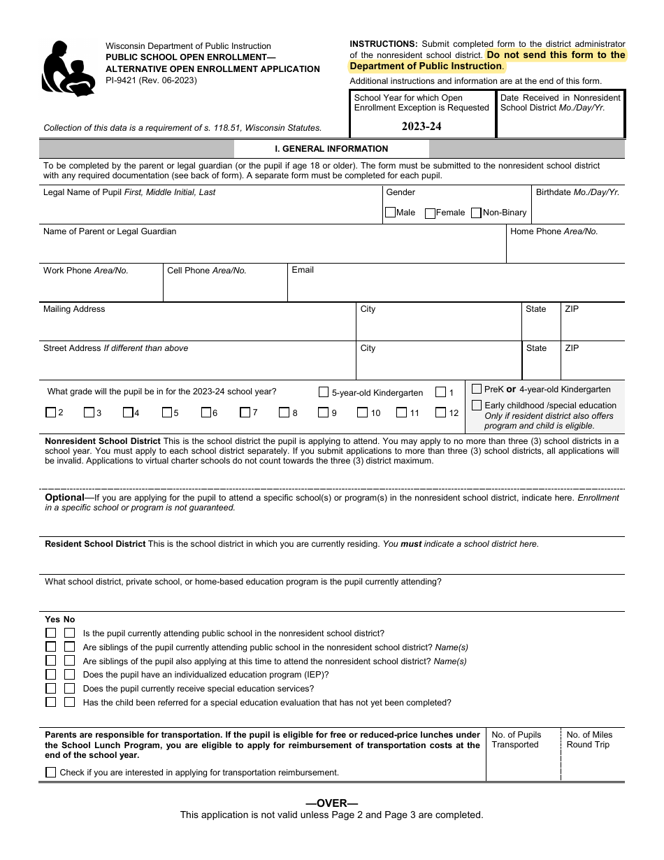 Form PI-9421 Public School Open Enrollment - Alternative Open Enrollment Application - Wisconsin, Page 1