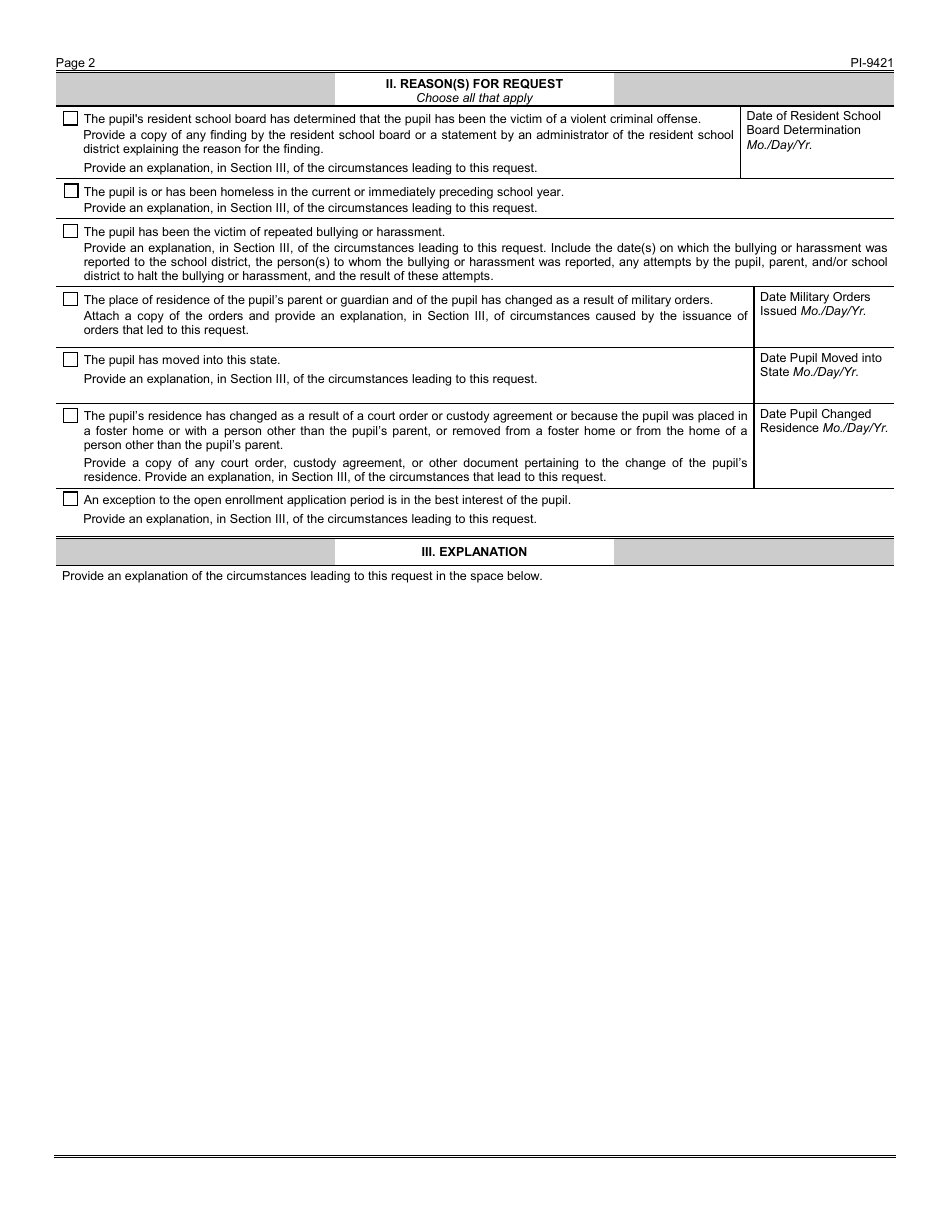 Form PI-9421 Public School Open Enrollment - Alternative Open Enrollment Application - Wisconsin, Page 2