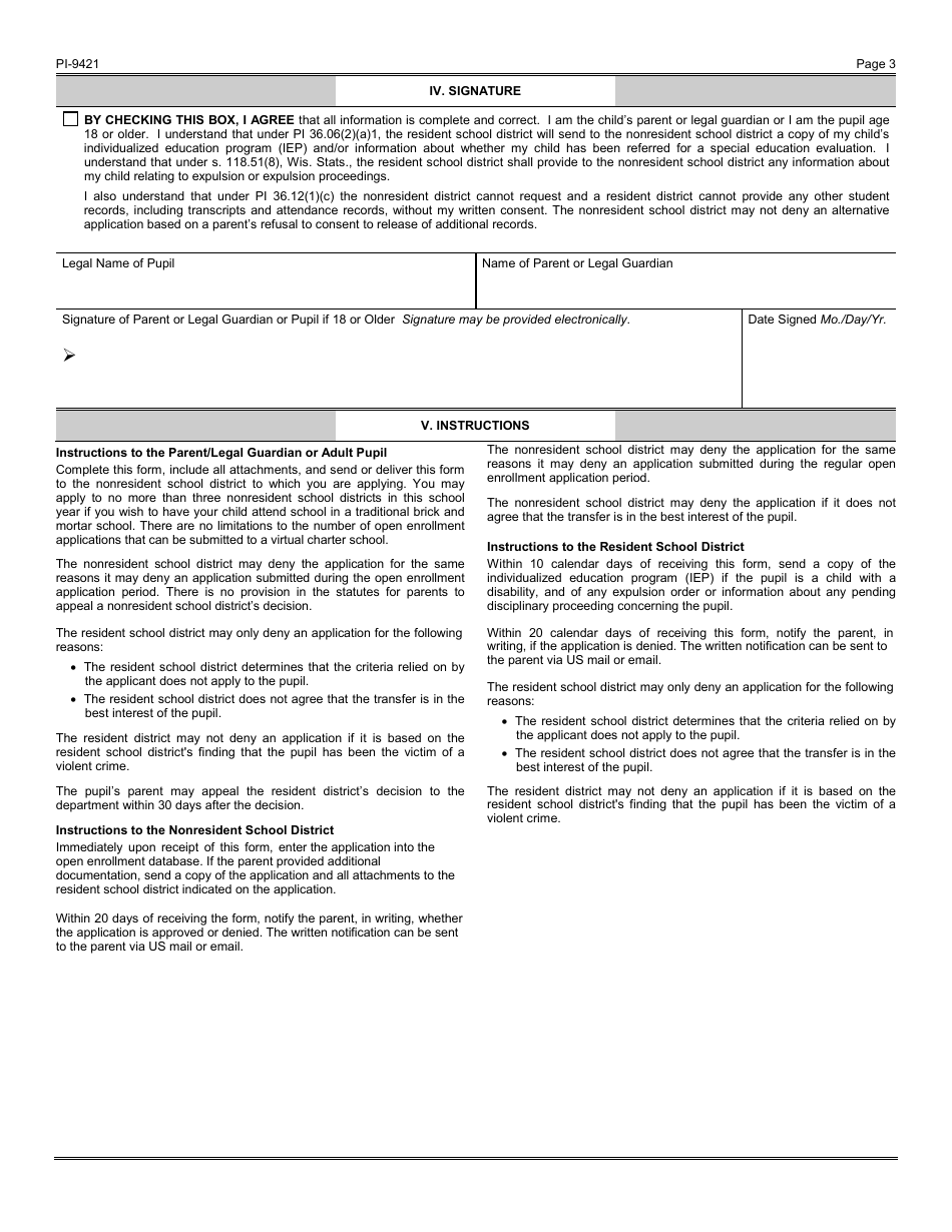 Form PI-9421 Public School Open Enrollment - Alternative Open Enrollment Application - Wisconsin, Page 3
