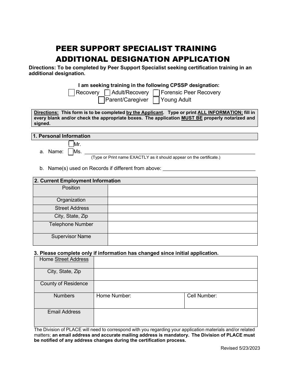 Peer Support Specialist Training Additional Designation Application - Mississippi, Page 1