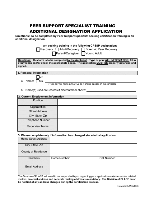 Peer Support Specialist Training Additional Designation Application - Mississippi Download Pdf