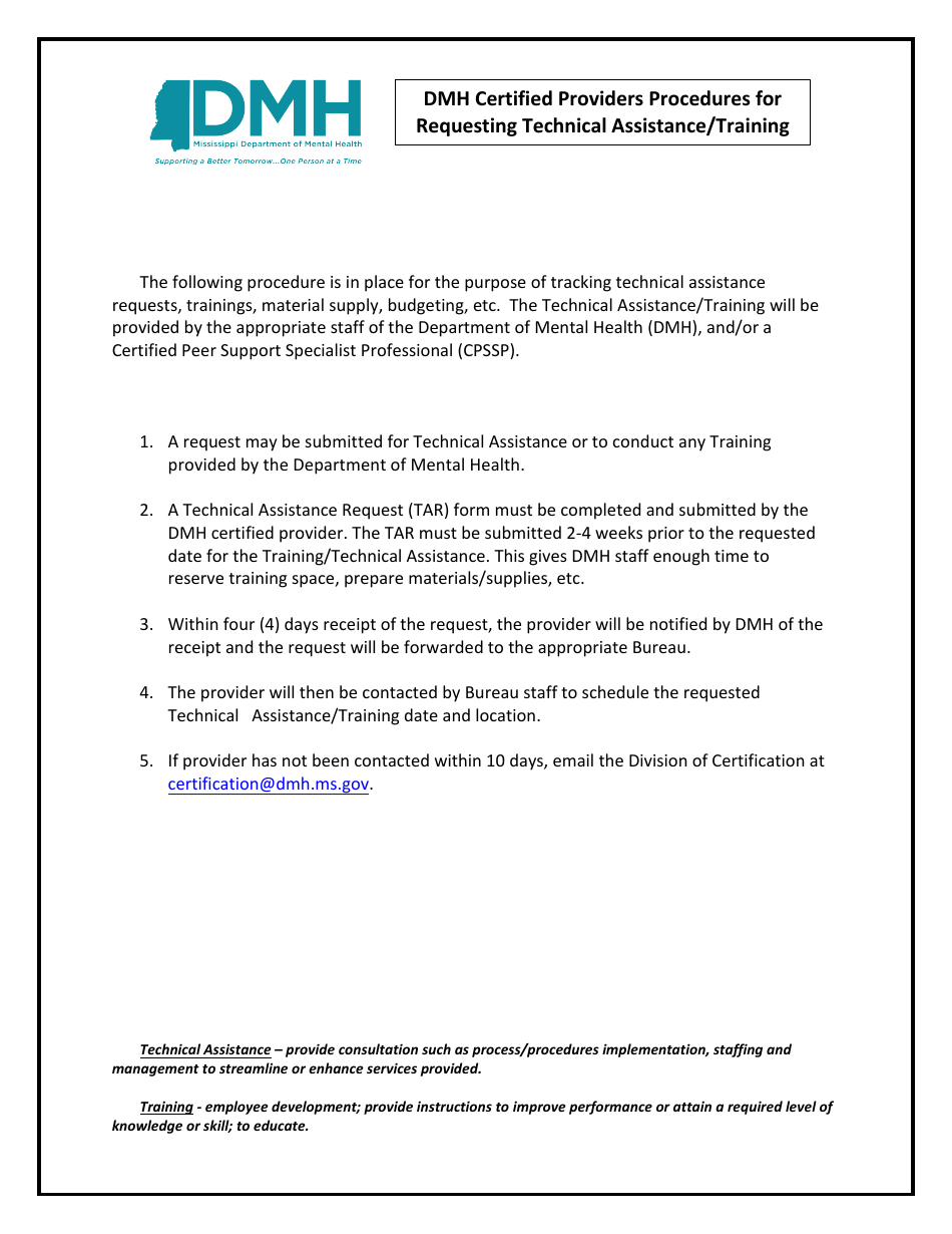 Dmh Certified Providers Procedures for Requesting Technical Assistance / Training - Mississippi, Page 1