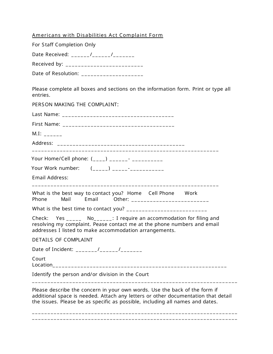 Americans With Disabilities Act Complaint Form - New Mexico, Page 1
