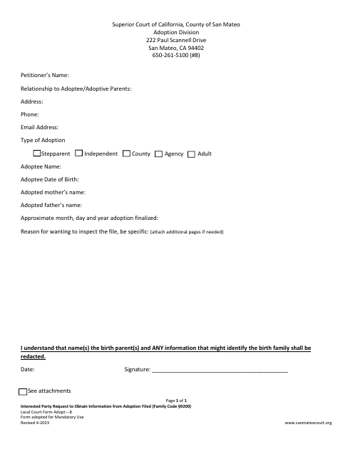 Form ADOPT-8 Interested Party Request to Obtain Information From Adoption Filed - County of San Mateo, California