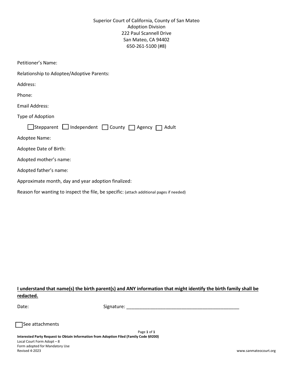 Form ADOPT-8 Interested Party Request to Obtain Information From Adoption Filed - County of San Mateo, California, Page 1
