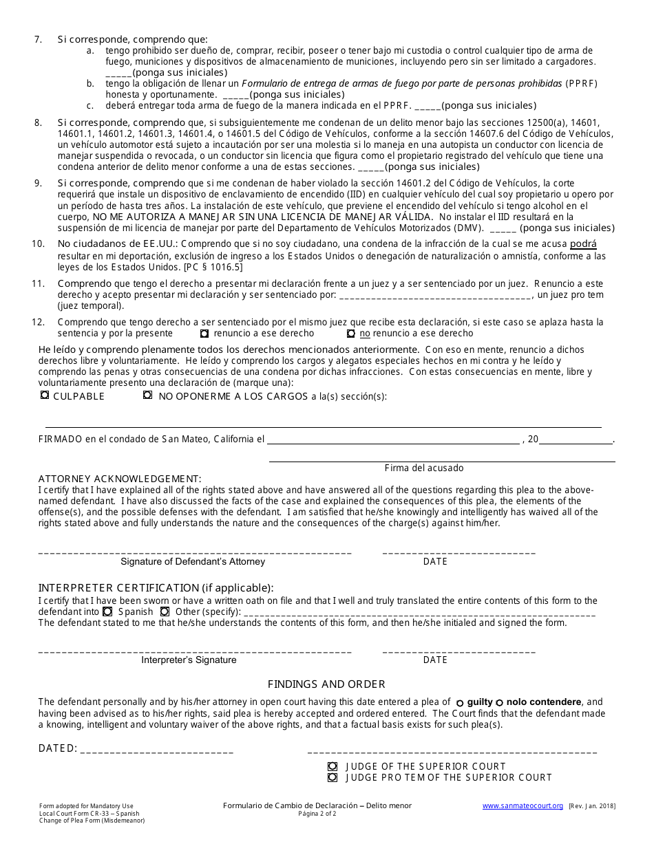 Formulario CR-33 Declaratorio Sobre Una Declaracion O Cambio De Declaracion a Culpable O No Oponerse a Los Cargos; Determinaciones Y Orden (Delito Menor) - County of San Mateo, California (Spanish), Page 2