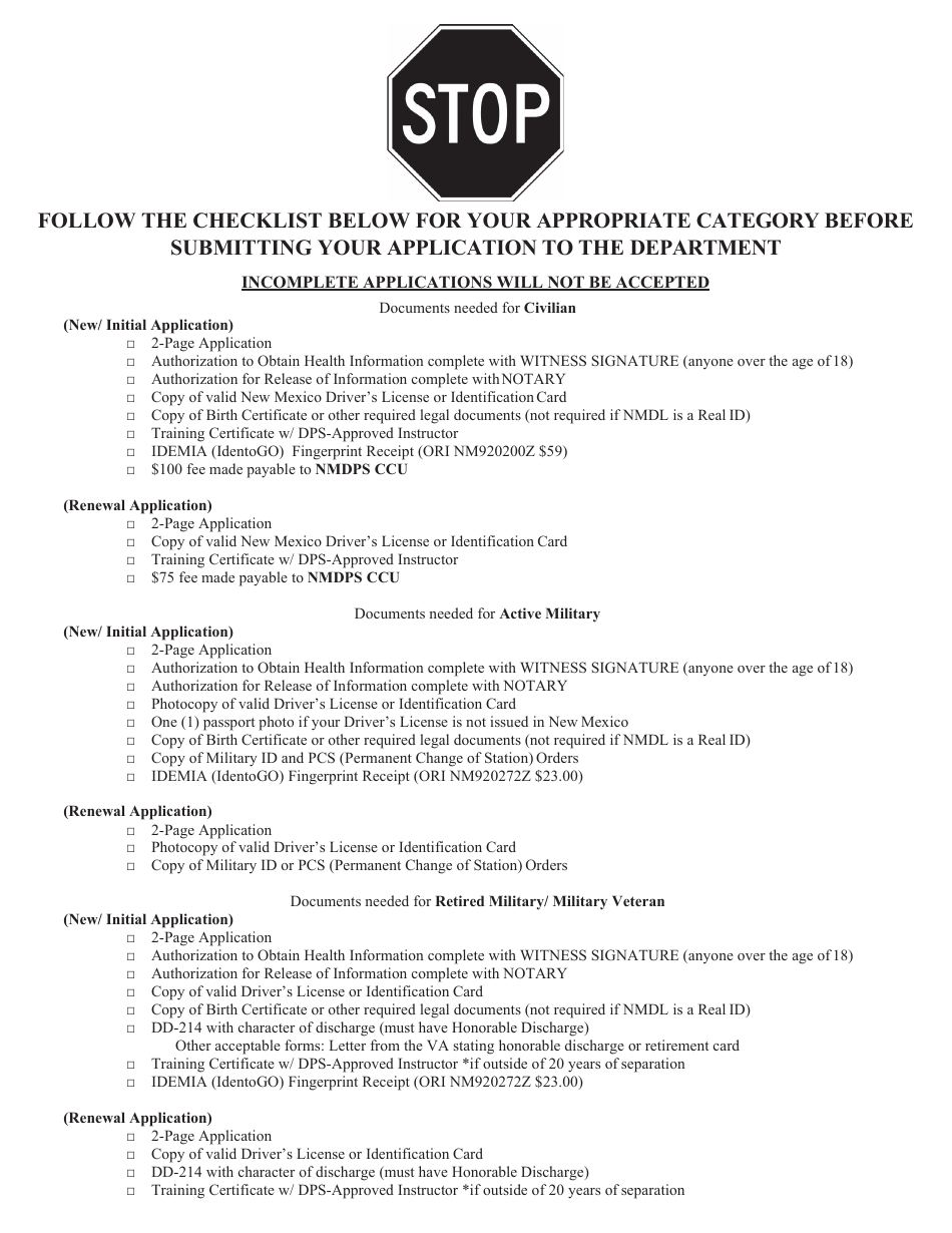Concealed Handgun License / Concealed Carry Handgun Instructor Approval Application - New Mexico, Page 1