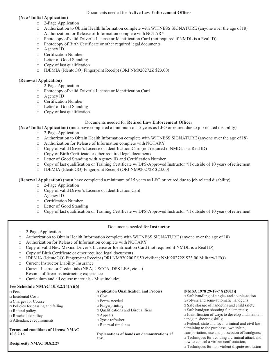 Concealed Handgun License / Concealed Carry Handgun Instructor Approval Application - New Mexico, Page 2