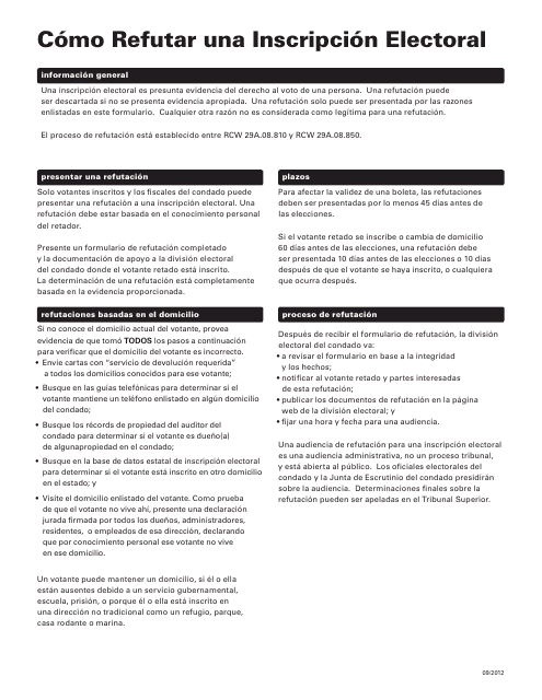 Formulario De Refutacion De Una Inscripcion Electoral - Washington (Spanish) Download Pdf