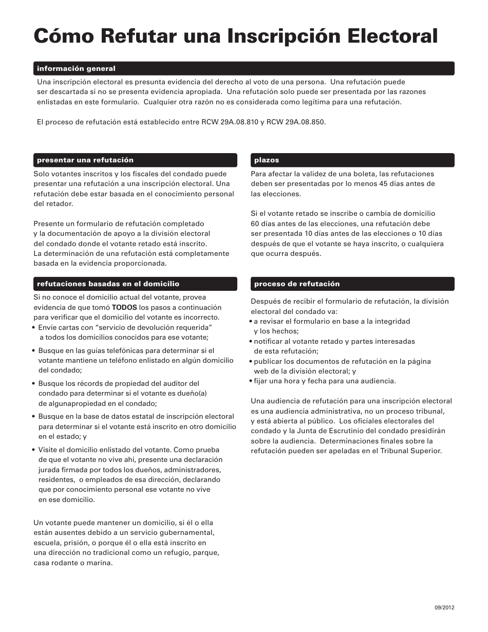 Formulario De Refutacion De Una Inscripcion Electoral - Washington (Spanish), Page 1