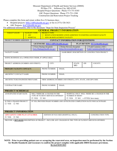 Construction and Renovation Project Tracking Form - Missouri