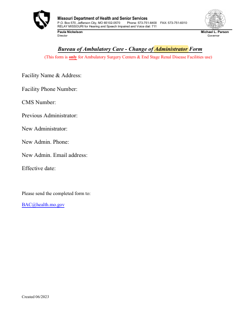 Bureau of Ambulatory Care - Change of Administrator Form - Missouri