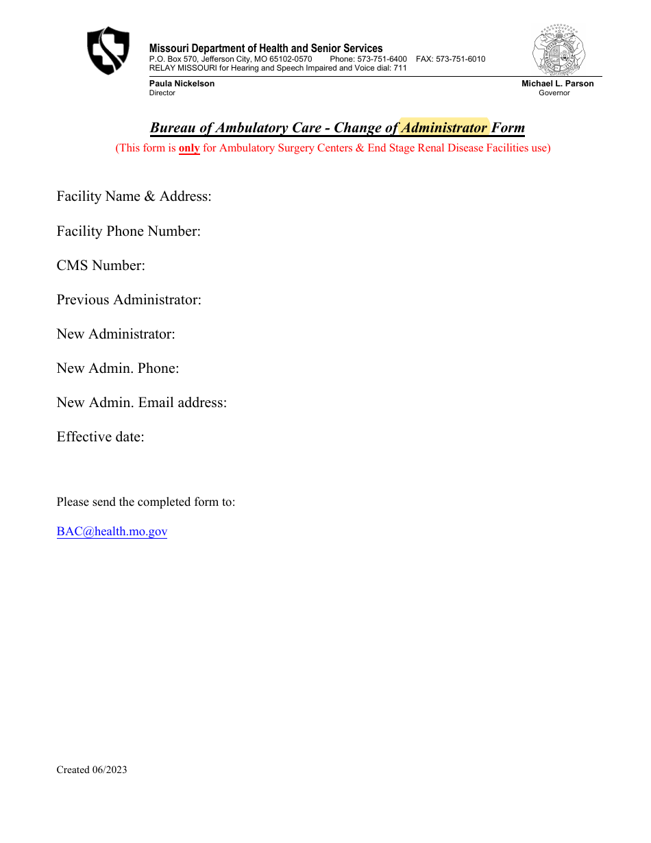 Bureau of Ambulatory Care - Change of Administrator Form - Missouri, Page 1