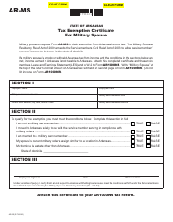 Document preview: Form AR-MS Tax Exemption Certificate for Military Spouse - Arkansas