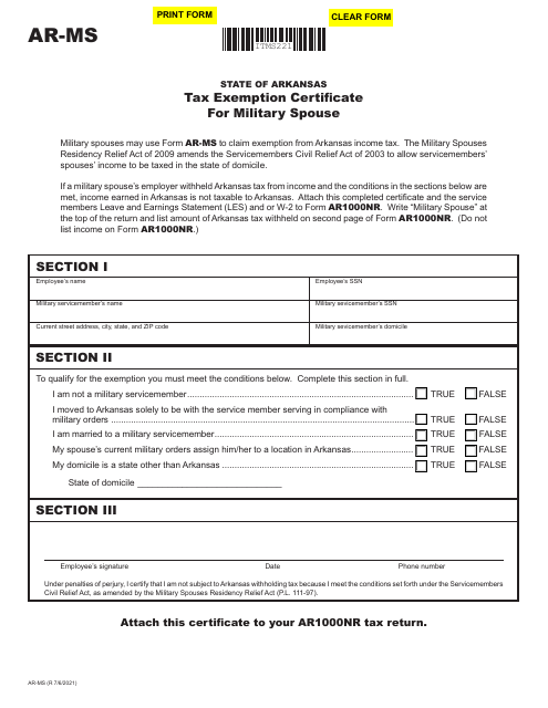 Form AR-MS Tax Exemption Certificate for Military Spouse - Arkansas