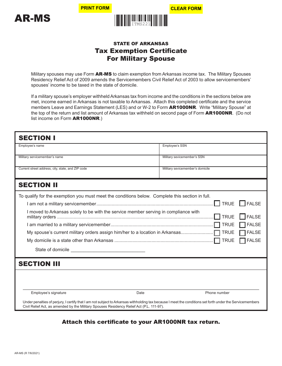 Form AR-MS Tax Exemption Certificate for Military Spouse - Arkansas, Page 1