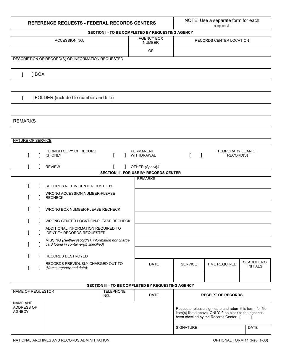 Optional Form 11 Reference Requests - Federal Records Centers, Page 1