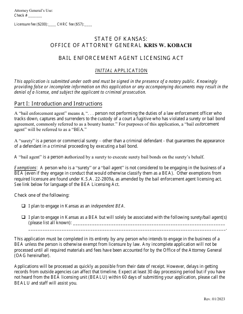Bail Enforcement Agent Initial Application - Kansas Download Pdf